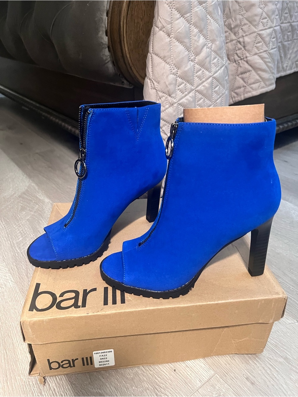 Bar III Cobalt Blue Suede Peep-Toe Zipper Ankle Booties